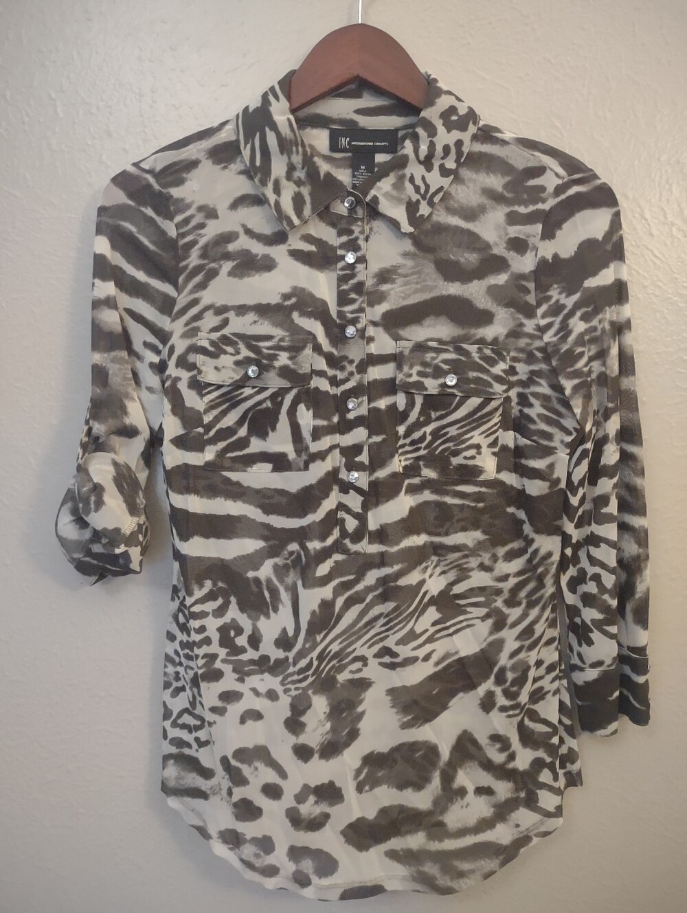 INC Black Gray Animal Print Sheer Blouse. Rhinestone Button Pockets